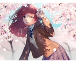 Rule 34 | 1girl, :d, absurdres, blue necktie, brown jacket, collared shirt, flower, highres, idolmaster, idolmaster shiny colors, jacket, long hair, long sleeves, looking at viewer, nail polish, necktie, open clothes, open jacket, open mouth, osaki amana, pink flower, pink nails, plaid, plaid skirt, pleated skirt, red hair, shirt, skirt, smile, solo, striped necktie, ven (ven neojio), white shirt, yellow eyes
