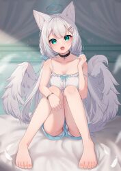Rule 34 | 1girl, :d, absurdres, angel, angel wings, animal ear fluff, animal ears, barefoot, bed sheet, black collar, blue scrunchie, blue shorts, blush, breasts, camisole, cat ears, cleavage, collar, collarbone, commentary request, cross, curtains, ear piercing, fang, feathered wings, feathers, fox ears, full body, green eyes, grey hair, grey wings, hair ornament, hair scrunchie, hairclip, halo, hand up, highres, hinata (user rjkt4745), knees up, latin cross, long hair, looking at viewer, low twintails, medium breasts, open mouth, original, panties, piercing, scrunchie, short shorts, shorts, smile, solo, strap slip, twintails, underwear, very long hair, white camisole, white feathers, white panties, wing hair ornament, wings