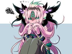 Rule 34 | 1boy, bracelet, cauchemar (p&amp;d), colored skin, dated, demon, demon boy, demon horns, earrings, green eyes, green hair, highres, horns, jewelry, kozakura (dictionary), long hair, male focus, matching hair/eyes, multicolored hair, pentagram, pink hair, pink skin, playing with own hair, pointy ears, pout, puzzle &amp; dragons, sitting, solo, squiggle, very long hair