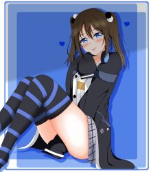 Rule 34 | 1girl, :p, absurdres, alternate hairstyle, aqua eyes, artist name, artist request, black jacket, black thighhighs, blue background, blue eyes, blue thighhighs, blush, breasts, brown hair, buttons, checkered clothes, checkered skirt, collarbone, female focus, grey skirt, hair between eyes, hair bobbles, hair ornament, half-closed eyes, headphones, headphones around neck, heart, highres, jacket, long hair, long sleeves, looking at viewer, love live!, love live! nijigasaki high school idol club, love live! school idol festival, miniskirt, no shoes, open clothes, open jacket, osaka shizuku, parted lips, plaid, plaid skirt, pleated, pleated skirt, pom pom (clothes), pom pom hair ornament, shirt, sitting, skirt, sleeves past fingers, sleeves past wrists, small breasts, smile, solo, striped clothes, striped thighhighs, thighhighs, tongue, tongue out, twintails, white shirt
