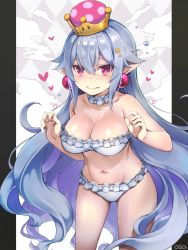 Rule 34 | 1girl, artist name, bad id, bad pixiv id, bikini, blue hair, blush, breasts, choker, closed mouth, collarbone, commentary request, crown, earrings, embarrassed, fang, frilled bikini, frills, heart, heart-shaped pupils, highres, jewelry, large breasts, long hair, looking at viewer, luigi&#039;s mansion, mario (series), new super mario bros. u deluxe, nintendo, nose blush, osa (osaosa), pillarboxed, pointy ears, princess king boo, red eyes, solo, standing, super crown, swimsuit, symbol-shaped pupils, very long hair, white bikini, white choker
