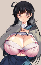 Rule 34 | 1girl, :o, ahoge, alternate breast size, black hair, blue sailor collar, blue skirt, blunt bangs, blush, bra, breasts, brown eyes, cardigan, cleavage, clothes lift, collared shirt, commentary request, grey background, grey cardigan, heavy breathing, highres, huge breasts, long hair, long sleeves, looking at viewer, open mouth, original, pink bra, sailor collar, school uniform, serafuku, shirt, shirt lift, simple background, skirt, solo, sweat, torisan, underwear, upper body, white shirt