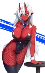 Rule 34 | 1girl, :t, akumi (yoclesh), arm support, between breasts, black leotard, black thighhighs, blue necktie, breasts, cleavage, closed mouth, colored skin, commentary, covered navel, earrings, fishnet pantyhose, fishnets, hair between eyes, highres, hoop earrings, horns, indie virtual youtuber, jewelry, large breasts, leotard, long hair, looking at viewer, necktie, necktie between breasts, oni, pantyhose, playboy bunny, pointy ears, pout, red horns, red skin, scar, scar on chest, scar on face, solo, standing, table, thighhighs, virtual youtuber, white background, white hair, yellow eyes, yoclesh