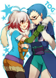 Rule 34 | 1boy, 1girl, arisuda, asuda, bad id, bad pixiv id, blue eyes, blue hair, blue shirt, copyright name, elbow gloves, glasses, gloves, grey eyes, hubert ozwell, multicolored hair, pascal (tales), red hair, scarf, shirt, tales of (series), tales of graces, two-tone hair, white hair
