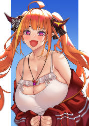 Rule 34 | 1girl, absurdres, ahoge, blood hood, blue background, blush, breasts, camisole, cleavage cutout, clothing cutout, collarbone, dragon girl, dragon horns, eyebrows hidden by hair, fingernails, frilled camisole, frills, hair intakes, highres, hololive, horn ornament, horn ribbon, horns, huge breasts, jacket, jewelry, kiryu coco, kiryu coco (loungewear), long hair, looking at viewer, off shoulder, official alternate costume, open mouth, orange hair, pendant, pointy ears, purple eyes, ribbon, simple background, smile, solo, track jacket, twintails, virtual youtuber, white background
