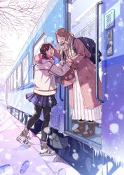 Rule 34 | 2girls, backpack, bag, black hair, black pantyhose, blush, brown hair, coat, crying, eyebrows hidden by hair, graduation, handbag, highres, holding, long hair, looking at another, maria komaki, multiple girls, open mouth, original, pantyhose, scarf, short hair, smile, snow, snowing, tearing up, tears, thighhighs, train, twintails, winter clothes, winter coat, yuri