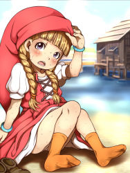 Rule 34 | 1girl, blonde hair, blue eyes, bracelet, braid, child, dragon quest, dragon quest xi, dress, e10, earrings, feet, female focus, hair over shoulder, hat, jewelry, long hair, looking at viewer, open mouth, panties, red hat, shoes, socks, solo, twin braids, underwear, unworn shoes, veronica (dq11)