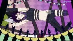 Rule 34 | 10s, 1boy, belt, black hair, boots, circus, crop top, dance with devils, ending, frills, gloves, hat, jester cap, looking at viewer, lying, makeup, male focus, natsumezaka shiki, navel, pierrot, red eyes, screencap, short hair, shorts, smile, solo, striped, thighhighs