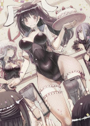 Rule 34 | 5girls, animal ears, bad id, bad pixiv id, black hair, bow, bowtie, breasts, bridal garter, cake, camera, cellphone, confetti, cup, detached collar, drink, drinking glass, embarrassed, fake animal ears, female focus, fishnet pantyhose, fishnets, food, half updo, highres, leotard, long hair, multiple girls, muted color, original, pantyhose, phone, playboy bunny, rabbit ears, rabbit tail, sailor collar, sailor shirt, shirt, silver hair, smartphone, tail, taking picture, tefec, tray, wavy mouth, wine glass, wrist cuffs