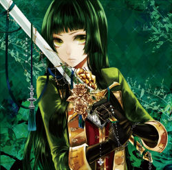Rule 34 | 1girl, apt, black gloves, blunt bangs, buttons, chain, flower, gem, gloves, gold, green eyes, green hair, green theme, holding, holding sword, holding weapon, jacket, jewelry, lips, long hair, long sleeves, looking at viewer, matching hair/eyes, military, military uniform, original, rose, saber (weapon), sleeves rolled up, solo, sword, tassel, uniform, upper body, weapon, yellow flower, yellow rose