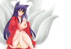 Rule 34 | 1girl, ahri (league of legends), animal ears, bare shoulders, blush, breasts, breasts out, cameltoe, facial mark, fox ears, fox tail, highres, league of legends, long hair, multiple tails, nickxar, nipples, off shoulder, panties, purple hair, robe, smile, solo, tail, underwear, whisker markings, yellow eyes