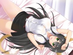 Rule 34 | &gt;:o, 1girl, :o, animal ears, artist name, bed, bed sheet, belt, black hair, blush, breasts, buttons, cat ears, cat tail, cleavage, clenched hand, collar, collared shirt, eyebrows, eyelashes, fang, green eyes, kemonomimi mode, large breasts, long hair, looking at another, lying, midriff, miniskirt, on back, open mouth, original, panties, pantyshot, shadow, shiny skin, shirt, short sleeves, signature, simple background, skirt, sweat, sweatdrop, tail, the-sinner, underwear, v-shaped eyebrows, very long hair, white panties, white shirt