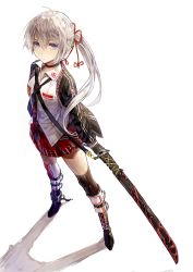 Rule 34 | 1girl, black thighhighs, blue eyes, boots, full body, highres, holding, holding sword, holding weapon, kim eb, long hair, looking at viewer, original, ponytail, sheath, sheathed, silver hair, skirt, solo, sword, thighhighs, weapon