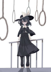 Rule 34 | 1girl, absurdres, black capelet, black footwear, black hair, black hat, black skirt, bow, brown eyes, capelet, closed mouth, cross-laced footwear, fedora, fence, full body, hat, hat bow, highres, holding, long sleeves, looking at viewer, muraryo, noose, rope, scar, shirt, short hair, simple background, skirt, solo, standing, touhou, usami renko, white background, white bow, white shirt