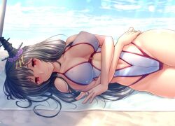 Rule 34 | 1girl, black hair, breasts, casual one-piece swimsuit, clothing cutout, commission, cowboy shot, crossed arms, fusou (kancolle), headgear, kantai collection, large breasts, long hair, looking at viewer, lying, navel, navel cutout, on side, one-piece swimsuit, red eyes, ryu-akt, skeb commission, solo, swimsuit, white one-piece swimsuit