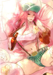 Rule 34 | 1girl, bottle, breasts, cleavage, eating, female focus, food, hat, jewelry bonney, kito (coyo), large breasts, long hair, one piece, pink hair, pizza, shorts, solo, suspenders