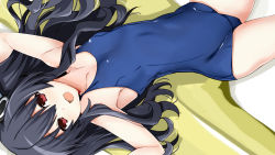 Rule 34 | :d, black hair, blue one-piece swimsuit, breasts, collarbone, covered navel, cowboy shot, exhausted, from above, hair between eyes, highres, iwashi dorobou -r-, long hair, looking at viewer, lying, neptune (series), on back, one-piece swimsuit, open mouth, red eyes, school swimsuit, skin tight, small breasts, smile, swimsuit, thighs, tsundere, twintails, two side up, uni (neptunia), wet, wet clothes, wet swimsuit