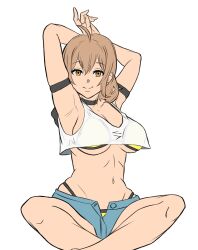 Rule 34 | 1girl, ahoge, anis (nikke), arm strap, armpits, arms behind head, bikini, bikini under clothes, black choker, breasts, brown eyes, brown hair, choker, cleavage, closed mouth, cropped shirt, crossed legs, goddess of victory: nikke, highres, hip bones, large breasts, looking at viewer, masamarble, navel, open fly, short hair, short shorts, shorts, simple background, sitting, smile, solo, swimsuit, underboob, white background