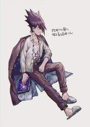 Rule 34 | 1boy, aoki (fumomo), blouse, book, closed mouth, collared shirt, commentary request, danganronpa (series), danganronpa v3: killing harmony, dress shirt, facial hair, goatee, hair between eyes, hair up, holding, invisible chair, jacket, jacket on shoulders, long sleeves, male focus, momota kaito, open clothes, open shirt, pants, pink pants, print shirt, shirt, shirt tucked in, shoes, short hair, sitting, smile, solo, space print, spiked hair, starry sky print, translation request, white shirt