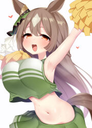 Rule 34 | 1girl, absurdres, alternate costume, animal ears, arm up, armpits, bare shoulders, braid, breasts, brown hair, cheerleader, closed mouth, commentary request, cowboy shot, cropped shirt, ear ornament, french braid, furaggu, green shirt, green skirt, hair between eyes, highres, holding, holding pom poms, horse ears, horse girl, horse tail, large breasts, long hair, looking at viewer, midriff, multicolored hair, navel, pleated skirt, pom pom (cheerleading), pom poms, satono diamond (umamusume), shirt, simple background, skirt, sleeveless, sleeveless shirt, solo, streaked hair, tail, tied shirt, umamusume, very long hair, white background, white hair