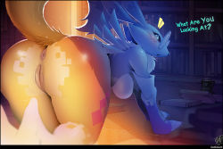 Rule 34 | 1girl, all fours, anus, ass, breasts, catcouch, cleft of venus, digimon, digimon (creature), english text, female focus, furry, glasses, gloves, heart, library, looking at viewer, looking back, nude, pussy, renamon, solo, tail, talking, text focus, thick thighs, thighs