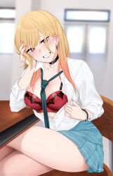 Rule 34 | 1girl, absurdres, bead bracelet, beads, black choker, blonde hair, blue skirt, blurry, blurry background, bra, bracelet, breasts, chair, choker, classroom, cleavage, collared shirt, colored tips, cowboy shot, desk, earrings, fake nails, highres, jewelry, jjanda, kitagawa marin, lace, lace-trimmed bra, lace trim, large breasts, long hair, multicolored hair, necktie, open clothes, open shirt, piercing, plaid, plaid skirt, pleated skirt, red bra, red eyes, red hair, ring, school chair, school desk, shadow, shirt, skirt, solo, sono bisque doll wa koi wo suru, underwear, white shirt