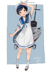 Rule 34 | 1girl, anti-aircraft, anti-aircraft gun, black hair, blue sailor collar, brown eyes, dated, depth charge projector, dress, hat, hiburi (kancolle), kantai collection, looking at viewer, mast, open mouth, sailor collar, sailor dress, sailor hat, salute, short hair, short sleeves, solo, toka (marchlizard), white dress, white hat