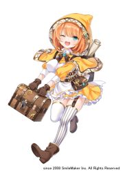 Rule 34 | 1girl, 2018, ;d, apron, asymmetrical legwear, bad id, bad pixiv id, bag, boots, breasts, brown footwear, brown gloves, capelet, commentary request, copyright request, dress, frilled apron, frilled dress, frills, full body, gloves, green eyes, hair between eyes, holding, hood, hood up, hooded capelet, large breasts, long sleeves, mismatched legwear, narusegawa riko, official art, one eye closed, open mouth, orange capelet, orange dress, orange hair, puffy long sleeves, puffy sleeves, round teeth, satchel, simple background, smile, solo, standing, standing on one leg, striped clothes, striped thighhighs, teeth, thighhighs, treasure chest, upper teeth only, vertical-striped clothes, vertical-striped thighhighs, waist apron, white apron, white background, white thighhighs