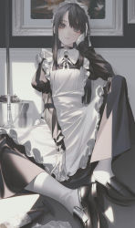 Rule 34 | 1girl, apron, arm between legs, bell, black choker, black dress, black footwear, black hair, bottle, broom, bucket, choker, closed mouth, drawing (object), dress, frilled apron, frills, gloves, grey eyes, hand on own cheek, hand on own face, long hair, looking at viewer, maid, maid apron, maid headdress, neck bell, original, sitting, wanke, white apron, white gloves, white legwear
