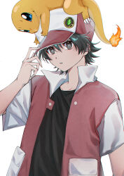 Rule 34 | 1boy, absurdres, black hair, black shirt, charmander, commentary request, creatures (company), game freak, gen 1 pokemon, grey eyes, hand on headwear, hand up, hat, highres, jacket, male focus, neptune (mhrc2784), nintendo, on head, open clothes, open jacket, parted lips, pokemon, pokemon (creature), pokemon on head, pokemon rgby, red (pokemon), red headwear, shirt, short hair, white background