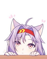 Rule 34 | 1girl, absurdres, ahoge, animal ear fluff, animal ears, cat ears, cat girl, commentary request, extra ears, hair intakes, hairband, hands on table, head only, highres, kemonomimi mode, long hair, looking at viewer, neosight, parted lips, pointy ears, purple hair, red eyes, red hairband, simple background, solo, sword art online, table, twitter username, white background, yuuki (sao)
