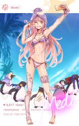 Rule 34 | 1girl, ;d, animalization, barefoot, bikini, bird, character name, cu chulainn (caster) (fate), cu chulainn (fate), cu chulainn (fate) (all), cu chulainn (fate/prototype), cu chulainn (fate/stay night), cu chulainn alter (fate), cu chulainn alter (fate/grand order), fate/grand order, fate (series), fergus mac roich (fate), full body, hat, hood, ipad, lancer, long hair, medb (fate), medb (swimsuit saber) (fate), medb (swimsuit saber) (third ascension) (fate), navel, num (zombie headline), o-ring, one eye closed, open mouth, penguin, pink hair, single thighhigh, smile, standing, swimsuit, tablet pc, thighhighs, thighlet, white bikini, white hat, white thighhighs, yellow eyes