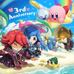 Rule 34 | beach, blonde hair, blue eyes, blue hair, blue sky, closed eyes, coner, crab, flamberge (kirby), francisca (kirby), hat, heart, hermit crab, highres, hill, holding hands, hyness, kirby, kirby: star allies, kirby (series), nintendo, official art, palm tree, rainbow, rayman limbs, red hair, sand, sky, smile, star (symbol), straw hat, sun hat, tree, umbrella, void soul, void termina, warp star, water, zan partizanne