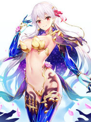 Rule 34 | 1girl, armor, bikini armor, blush, bow, breasts, capelet, commentary request, cowboy shot, crystal, earrings, fate/grand order, fate (series), hair between eyes, hair bow, hand up, head tilt, highres, jewelry, kama (fate), kama (third ascension) (fate), large breasts, long hair, looking at viewer, multicolored hair, navel, parted lips, pauldrons, purple capelet, purple hair, red bow, red eyes, revealing clothes, ririko (zhuoyandesailaer), shoulder armor, silver hair, smile, solo, two-tone hair, white background
