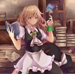 Rule 34 | 1girl, :/, apron, ascot, black skirt, black vest, blonde hair, book, book stack, braid, commentary request, crystal, erlenmeyer flask, flask, hair between eyes, hair ribbon, hat, unworn hat, hat ribbon, unworn headwear, highres, holding, holding book, holding flask, hourglass, indoors, kirisame marisa, long hair, looking at viewer, mushroom, on floor, open book, paper, plant, potted plant, puffy short sleeves, puffy sleeves, ri cochet, ribbon, shelf, shirt, short sleeves, single braid, sitting, skirt, smoke, solo, test tube, test tube rack, touhou, tress ribbon, very long hair, vest, waist apron, wariza, white ascot, white shirt, wing collar, witch hat, wooden floor, yellow eyes