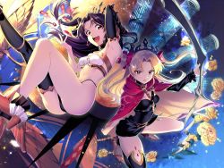 Rule 34 | 2girls, ass, black hair, blonde hair, cage, cloak, earrings, ereshkigal (fate), fate/grand order, fate (series), flower, gem, hakka (88hk88), heavenly boat maanna, ishtar (fate), jewelry, multiple girls, necklace, red eyes, siblings, single thighhigh, sisters, skull necklace, thighhighs, tiara, two side up