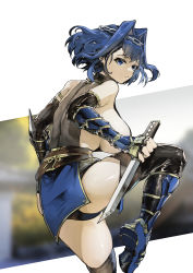 Rule 34 | 1girl, absurdres, armor, ass, blue eyes, blue hair, breasts, chain, chain headband, hair intakes, head chain, highres, holding, holding knife, hololive, hololive english, jewelry, knife, large breasts, leg up, ninja, ouro kronii, panties, pantyshot, reverse grip, short hair, solo, standing, standing on one leg, thighs, underwear, virtual youtuber, vyragami