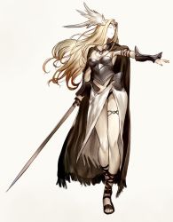 Rule 34 | 1girl, blonde hair, breasts, closed eyes, closed mouth, full body, head wings, highres, holding, holding sword, holding weapon, km yama, long hair, long legs, outstretched arm, sandals, solo, sword, weapon, white background, wings