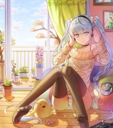 Rule 34 | 1girl, ahoge, balcony, bare shoulders, black thighhighs, blue hair, blue sky, cactus, cherry blossoms, choker, closed mouth, collarbone, curtains, day, door, feet, flower, flower request, hatsune miku, headphones, indoors, kim eb, long hair, long sleeves, looking at viewer, no pants, off-shoulder, off-shoulder sweater, off shoulder, open door, panties, pantyshot, photo (object), picture frame, plant, potted plant, purple eyes, railing, sitting, sky, sliding doors, smile, soles, solo, spring (season), striped clothes, striped panties, stuffed animal, stuffed duck, stuffed toy, sweater, thighhighs, tree, underwear, very long hair, vocaloid, wooden floor