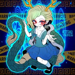 Rule 34 | 1girl, antlers, between legs, black footwear, blonde hair, blouse, blue skirt, breasts, caution tape, character name, commentary request, dragon horns, dragon tail, full body, glowing, green shirt, hands up, horns, looking at viewer, red eyes, see-through, see-through skirt, shirt, shoes, short hair, short sleeves, skirt, slit pupils, small breasts, smile, socks, tail, tail between legs, touhou, turtle shell, yt (wai-tei)