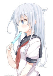 Rule 34 | 1girl, adapted costume, black sailor collar, blue eyes, blush, food, hair between eyes, hibiki (kancolle), holding, holding food, kantai collection, long hair, neckerchief, no headwear, pinoaisu, popsicle, red neckerchief, sailor collar, school uniform, serafuku, short sleeves, silver hair, simple background, solo, twitter username, white background
