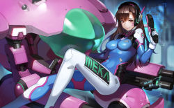 Rule 34 | 1girl, absurdres, acronym, arm cannon, armor, bodysuit, boots, bracer, breasts, brown eyes, brown hair, closed mouth, clothes writing, covered navel, d.va (overwatch), eyebrows, facepaint, facial mark, finger on trigger, from side, gatling gun, gloves, gun, hand up, handgun, headphones, highres, holding, holding gun, holding weapon, holographic interface, lips, lipstick, long hair, long sleeves, looking at viewer, makeup, mecha, medium breasts, meka (overwatch), overwatch, overwatch 1, pauldrons, pilot suit, pink lips, ribbed bodysuit, robot, shiny clothes, shoulder armor, shoulder pads, sitting, skin tight, smile, solo, thigh boots, thigh strap, thighhighs, turtleneck, weapon, whisker markings, white gloves, yykuaixian