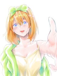 Rule 34 | 1girl, blue eyes, blush, bow, breasts, camisole, cleavage, collarbone, foreshortening, go-toubun no hanayome, green bow, green hoodie, hair bow, highres, hood, hoodie, large breasts, looking at viewer, nakano yotsuba, open mouth, orange hair, reaching, reaching towards viewer, short hair, simple background, single bare shoulder, single off shoulder, solo, spaghetti strap, upper body, white background, yellow camisole, yu (flowerbird3830)