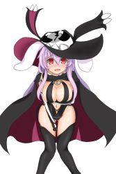 Rule 34 | 10s, 1girl, alternate costume, animal ears, black thighhighs, blush, breasts, cape, cleavage, cosplay, hat, highres, large breasts, leotard, long hair, looking at viewer, midriff, navel, open mouth, pink eyes, purple hair, rabbit ears, reisen udongein inaba, revealing clothes, senran kagura, senran kagura shinovi versus, shiki (senran kagura), shiki (senran kagura) (cosplay), solo, sprout (33510539), thighhighs, touhou, very long hair