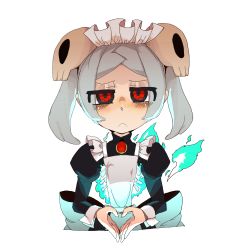 Rule 34 | 1girl, absurdres, bloody marie (skullgirls), frown, heart, heart hands, higa norio, highres, looking at viewer, red eyes, short hair, silver hair, simple background, skull, skullgirls, solo, white background
