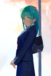 Rule 34 | 1girl, aqua hair, bag, blue jacket, blue skirt, blush, commentary request, cowboy shot, embarrassed, eyelashes, from side, green eyes, highres, horns, id card, jacket, lanyard, long hair, looking at viewer, nahia (some1else45), office lady, original, own hands together, shoulder bag, sidelocks, skirt, solo, some1else45, standing, sweatdrop