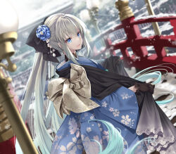 Rule 34 | 1girl, akatsuki hijiri, black bow, black gloves, blue eyes, blue kimono, bow, braid, breasts, fate/grand order, fate (series), flower, french braid, gloves, grey hair, hair bow, hair flower, hair ornament, japanese clothes, kimono, large breasts, long hair, long sleeves, looking at viewer, looking back, morgan le fay (fate), open mouth, ponytail, sidelocks, smile, solo, very long hair, wide sleeves