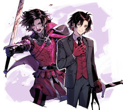 Rule 34 | 1boy, :o, ahoge, armor, black cape, black hair, black jacket, black necktie, black pants, blood, blood on arm, blood on clothes, blood on face, blood on hands, bloody weapon, cape, closed mouth, collared shirt, commentary request, constantine xi (fate), earrings, fate/grand order, fate (series), feet out of frame, gloves, hair between eyes, hand on own chest, holding, holding sword, holding weapon, jacket, jewelry, long sleeves, looking at viewer, male focus, medium hair, multiple views, na222222, necktie, open mouth, pants, red cape, red gloves, red vest, shirt, smile, solo, sword, vest, weapon, white shirt, yellow eyes