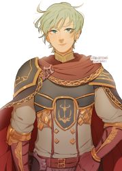 Rule 34 | 1boy, armor, cape, darkgreyclouds, ephraim (fire emblem), fire emblem, fire emblem: the sacred stones, green eyes, looking at viewer, male focus, nintendo, pauldrons, shoulder armor, simple background, smile, solo, white background