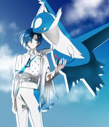 Rule 34 | 1boy, alternate costume, belt, blue eyes, blue hair, blue sky, chin rest, claws, cloud, cloudy sky, commentary request, creatures (company), crossover, day, drop shadow, floating, flower, game freak, gen 3 pokemon, hand up, head on head, head rest, high collar, highres, kaito (vocaloid), kei10 gohan, latios, layered sleeves, legendary pokemon, light smile, long sleeves, male focus, nintendo, outdoors, pants, pokemon, pokemon (creature), red eyes, shirt, short hair, sky, standing, triangle, upper body, vocaloid, white belt, white flower, white pants, white shirt